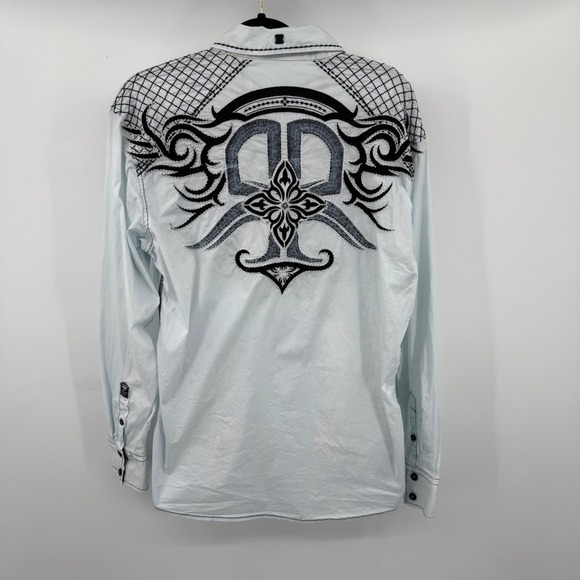 Roar Signature Pure II Shirt Mens Medium Blue Tribal Embroidered Biker - Picture 2 of 7